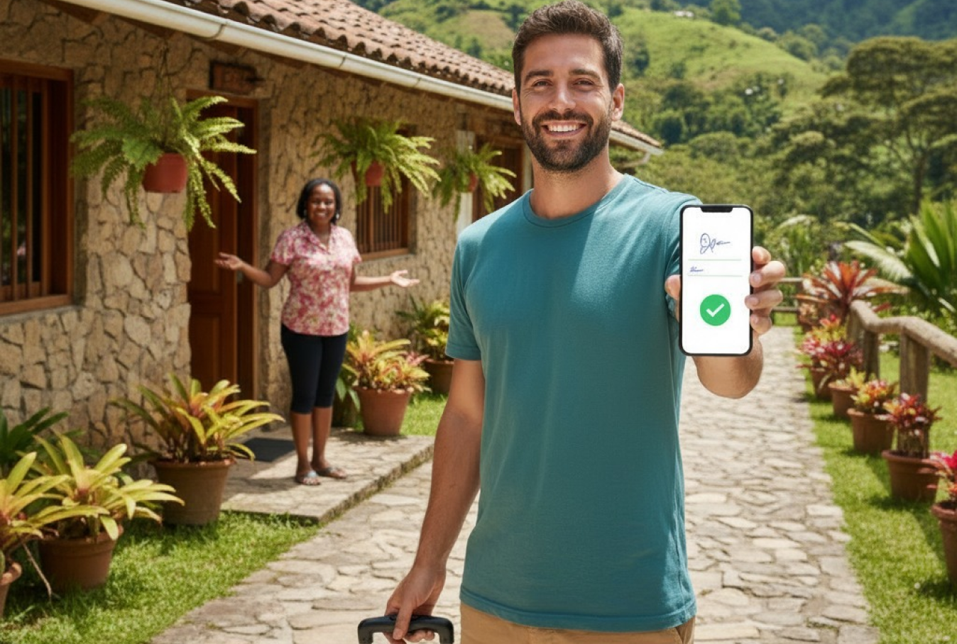 Huésped firma check-in web con verificación aprobada.